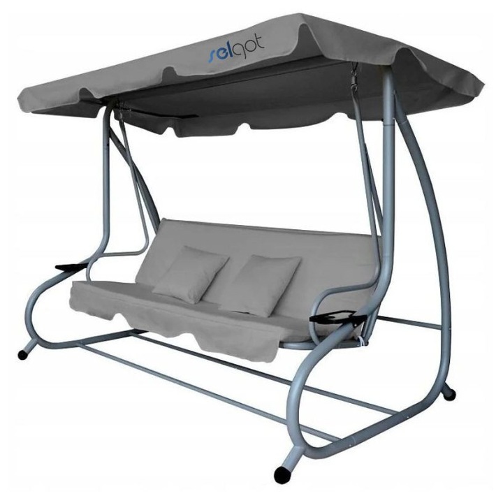 Balansoar de gradina, Selgot, 3 locuri, Spatar Rabatabil, Dimensiune 210 x 120 x 170 cm, Culoare Gri