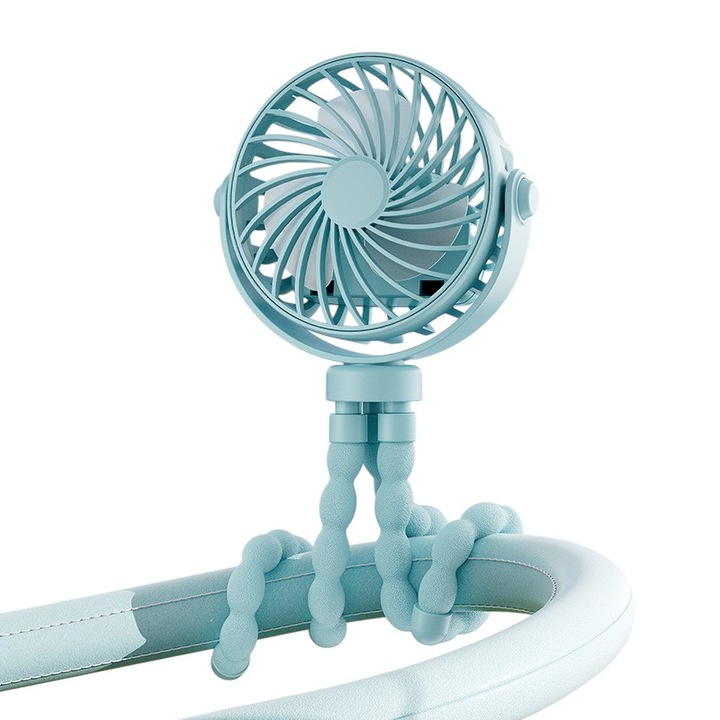 Вентилатор за бебешка количка, преносим, гъвкаво рамо „октопод“, безшумен, презареждаем, USB, множество режими на употреба, светлосин