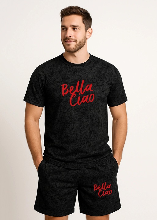 Compleu bărbați din bumbac 100%, stil casual urban, imprimeu tematic Bella Ciao, format din tricou și pantaloni scurți comozi, ideal pentru vară, culoare Negru Rock