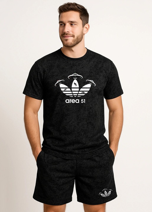 Compleu bărbați din bumbac 100%, stil casual urban, imprimeu tematic Area 51 Aliens, format din tricou și pantaloni scurți comozi, ideal pentru vară, culoare Negru Rock