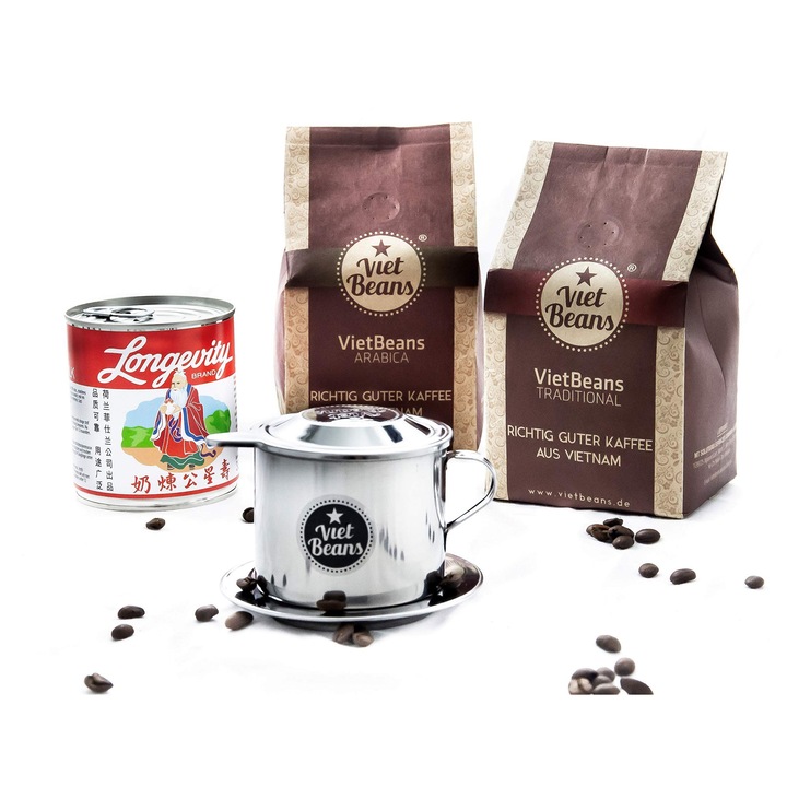 Set Cafea Vietnameză VietBeans Macinată 2x250g, Filtru (Phin), Lapte Condensat