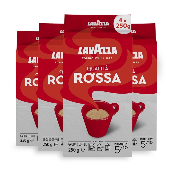 Cafea Lavazza Qualita Rossa, boabe macinate, set de 4, 250g cada, ciocolată caldă