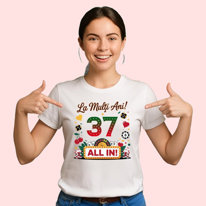 Tricou Aniversar cadou varsta 37 ani, Dama, 100% bumbac, Cri-Flo, Culoare Alb, Marime XL