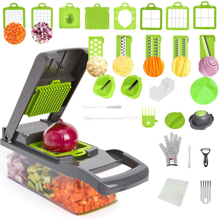 Tocator de Legume 30 in 1, Fudisenn, Feliator multifunctional, Accesorii pentru bucatarie, taiat, tocat, maruntit, feliat, julienne, Lame de inox, Manusi, Foarte rezistent, Usor de curatat, Inox/ABS, Gri /Verde
