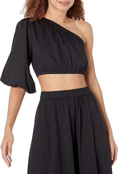 Top scurt cu un singur umar pentru femei TheDrop Anupa, 100% bumbac, negru, marimea L