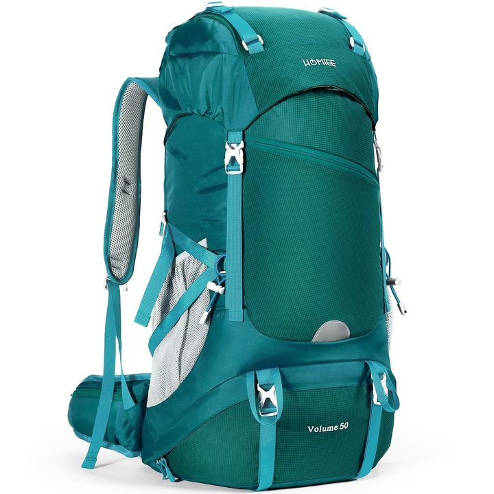 Rucsac de drumeție Homiee, trekking 50-60L, husa de ploaie, negru/albastru