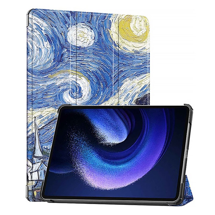 Кожен калъф за таблет Apple iPad 11, пълна защита със стойка, най-високо качество, технология Optim IAO, дизайн „Звездна нощ“, многоцветен