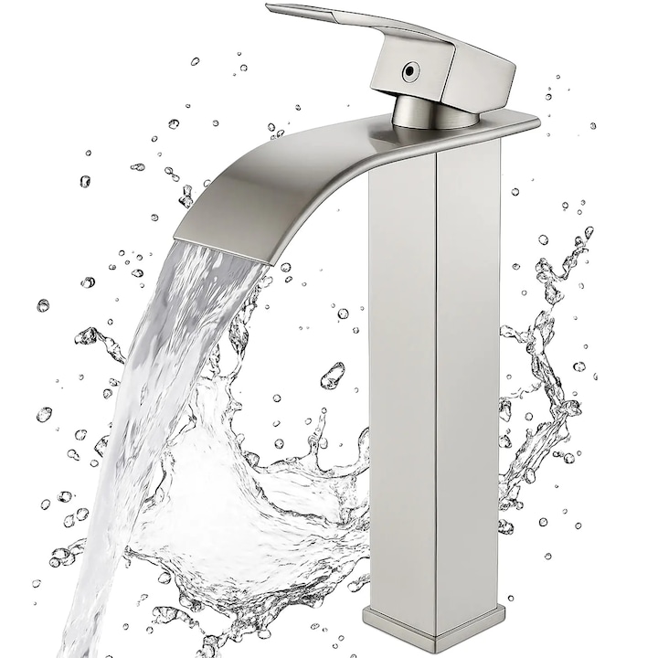 Elindor® Висок сребърен водопаден смесител за мивка, модерен едноръкохватков смесител за баня, неръждаема стомана, монтаж на плот, широка струя, вграден, многофункционален, елегантен дизайн за мивка или плот, матово покритие