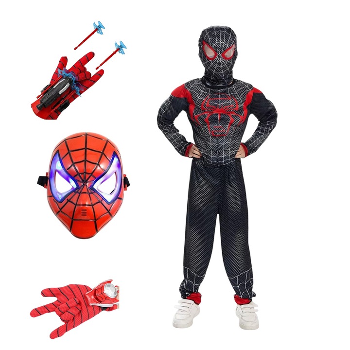 Costum Spiderman negru KidMania® cu muschi, masca cu lumini si doua manusi lansator cu ventuze pentru copii, 7-9 ani, 120-130 cm
