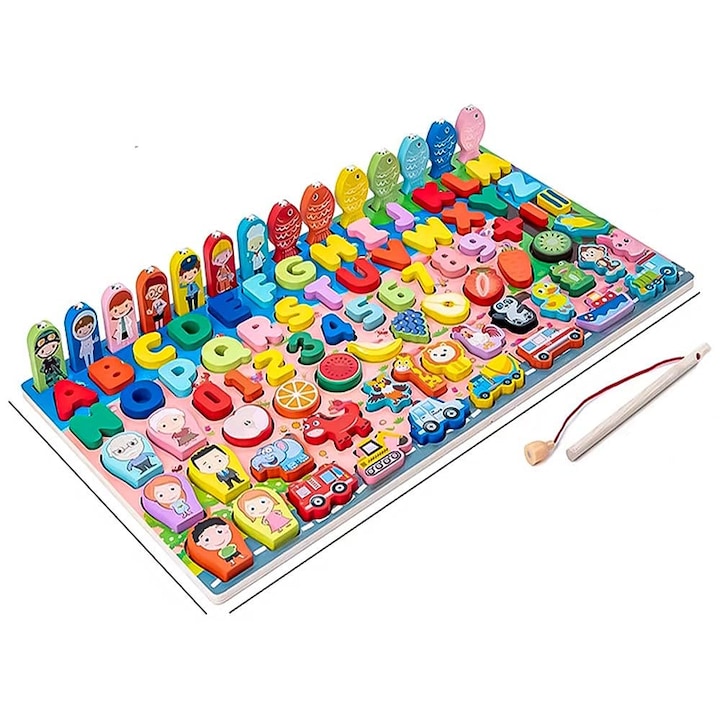 Set de jocuri educative 7-in-1, puzzle din lemn, recunoastere numere, litere, forme, culori, 3-6 ani, multicolor