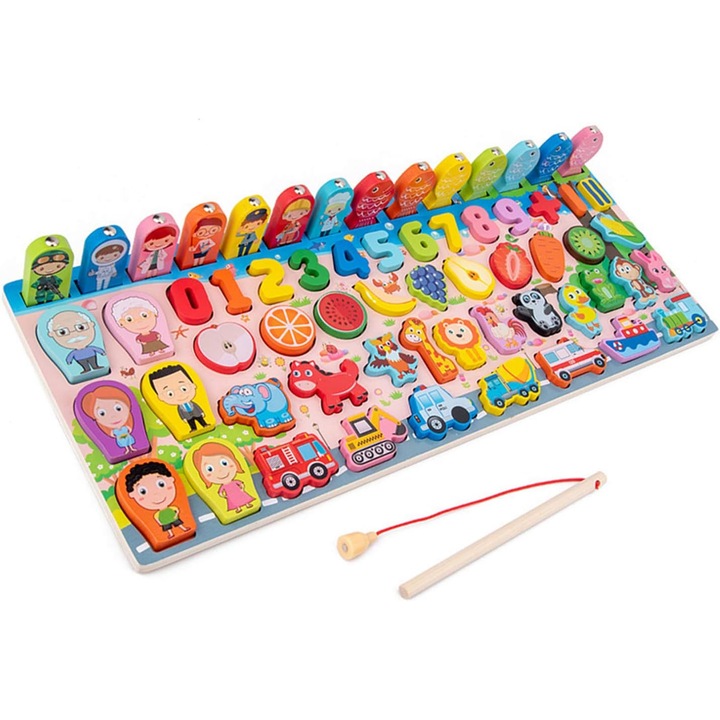 Set de jucarii educative 6 in 1, puzzle din lemn cu pescuit magnetic, 3-6 ani, multicolor