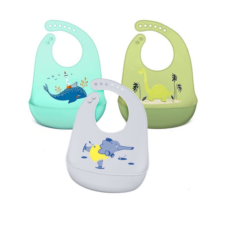 Bavete de hranire din silicon pentru bebelusi, set de 3 bucati, impermeabile, ajustabile, multicolor