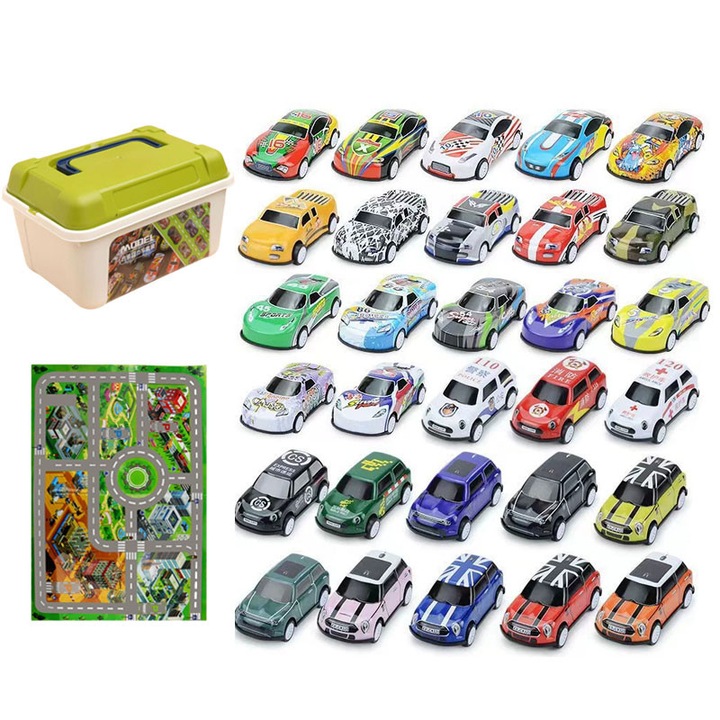 Комплект от 30 метални колички, с карта, многоцветни, за момчета и момичета над 3 години