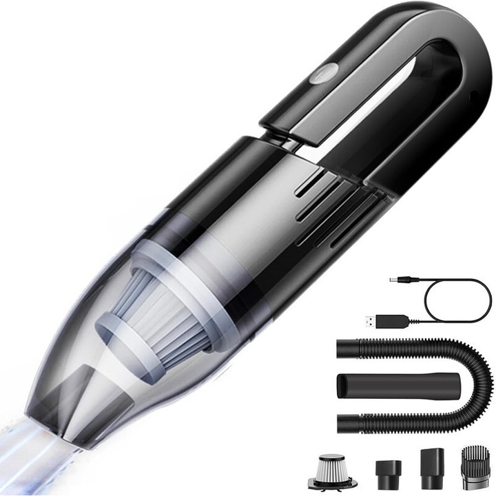 Aspirator auto portabil, putere de aspiratie 9000PA, design ergonomic, fara fir, incarcare rapida, dimensiuni mici