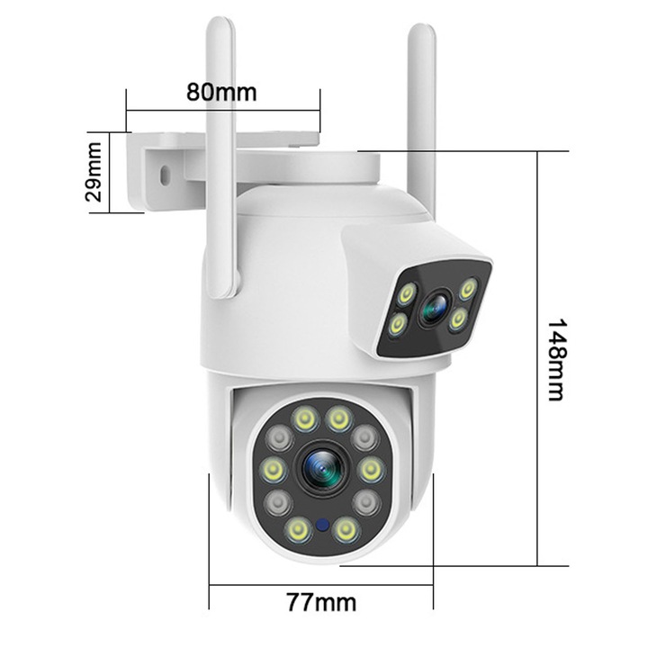 Двойна камера за видеонаблюдение, ZGGZERG, 4MP Full HD, 4* Zoom, Завъртане на 355° и накланяне на 90°, Външна/Вътрешна, Водоустойчивост IP65, Цветно нощно виждане, Съхранение на карта/в облак, Двупосочна комуникация, Бяло+Черно