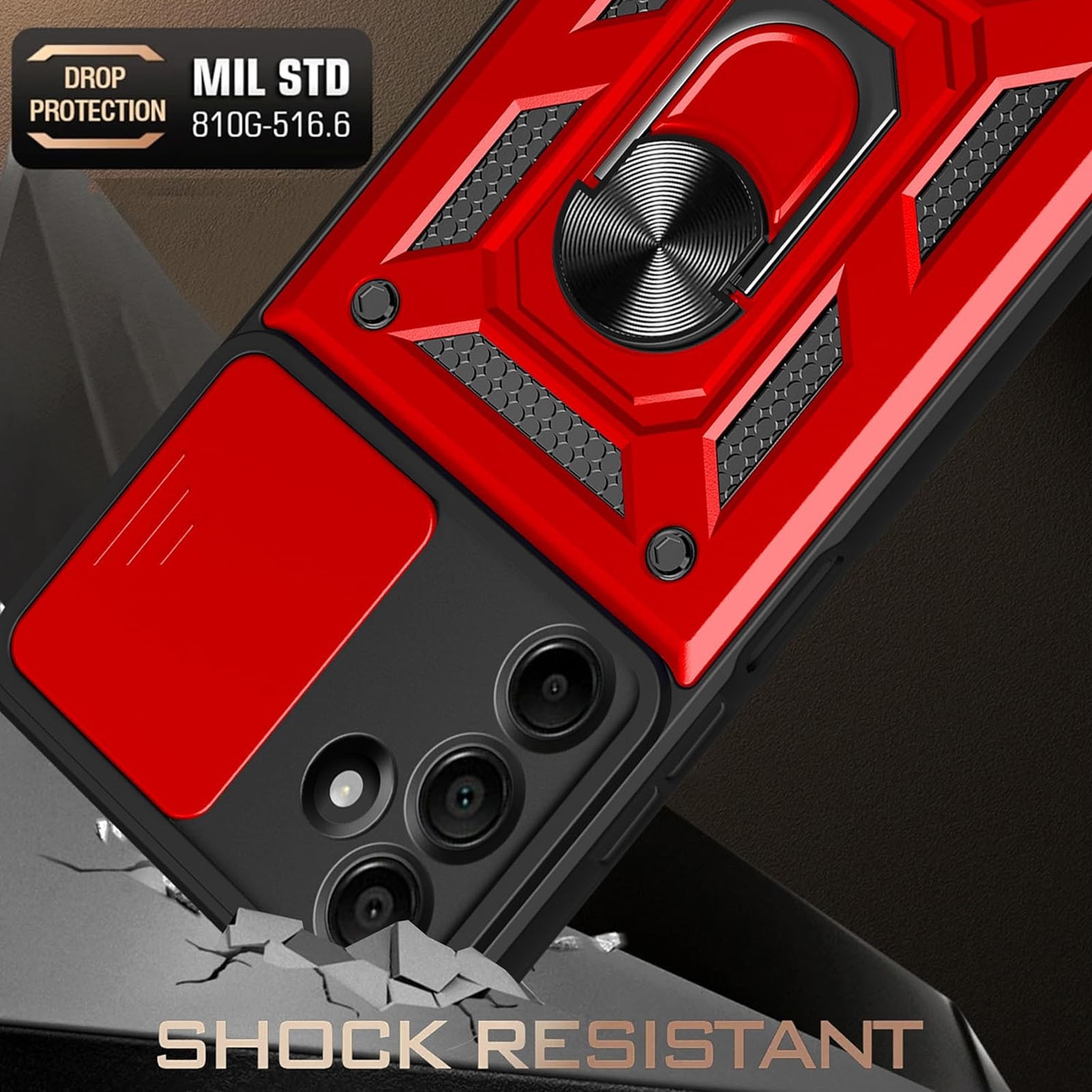 Husa pentru Samsung Galaxy A16, ZGGZERG, Protectie Camere, Suport Inel, Suportul Inel Rotativ 360°, Anti-amprente, Prindere Magnetica, Margini cauciucate, Antisoc, Inovatie si Protectie, Slide Mechanism, Plastic, Rosu