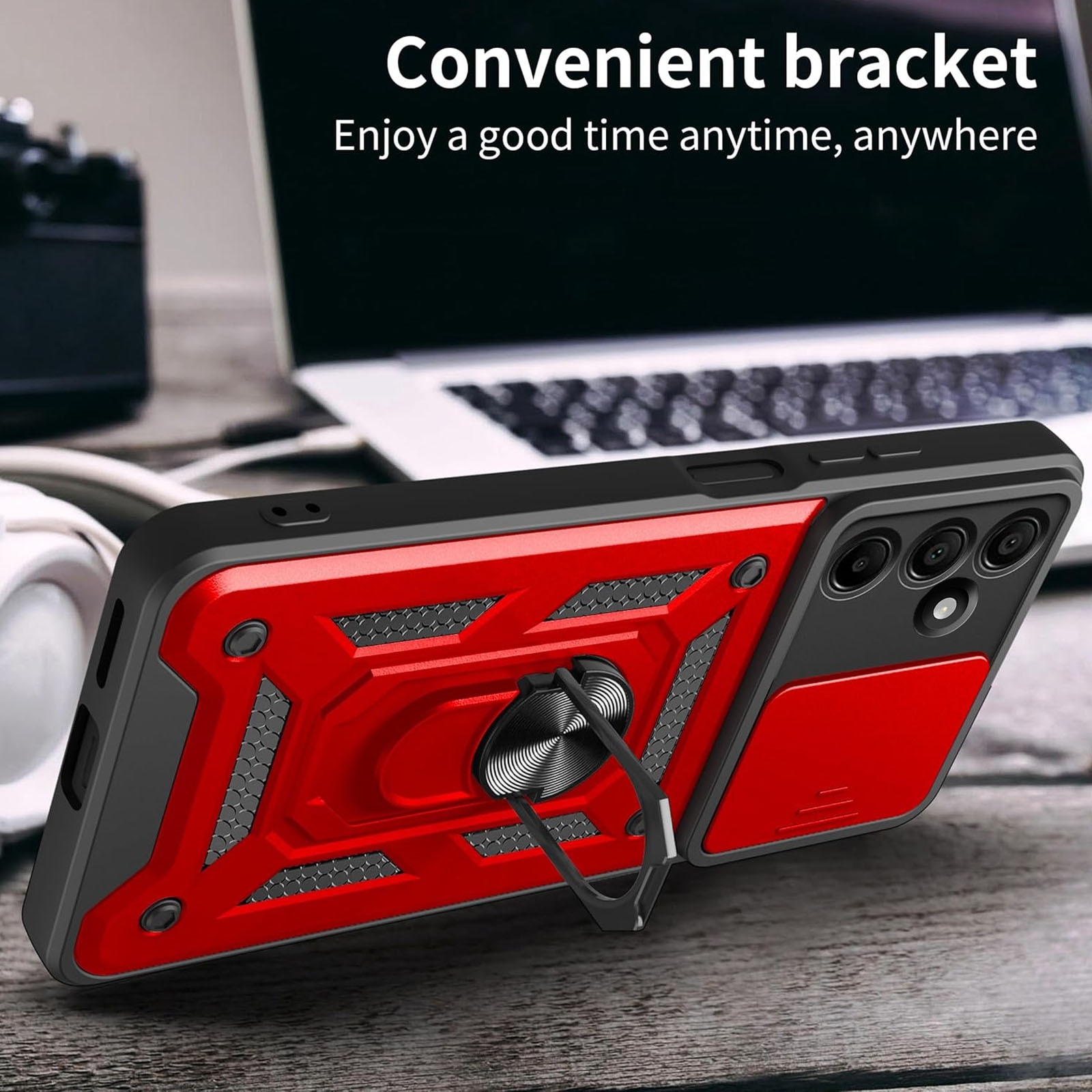 Husa pentru Samsung Galaxy A16, ZGGZERG, Protectie Camere, Suport Inel, Suportul Inel Rotativ 360°, Anti-amprente, Prindere Magnetica, Margini cauciucate, Antisoc, Inovatie si Protectie, Slide Mechanism, Plastic, Rosu