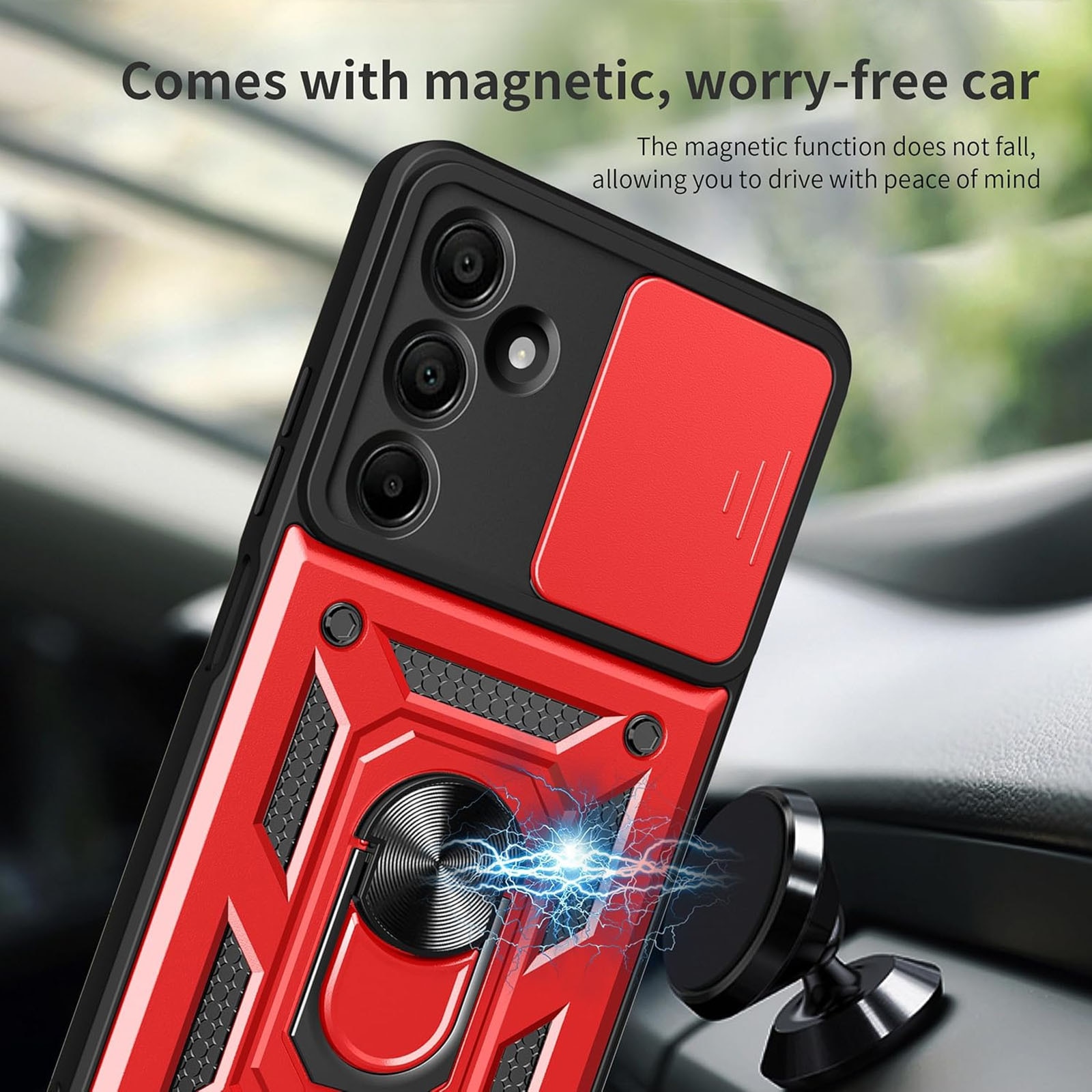 Husa pentru Samsung Galaxy A16, ZGGZERG, Protectie Camere, Suport Inel, Suportul Inel Rotativ 360°, Anti-amprente, Prindere Magnetica, Margini cauciucate, Antisoc, Inovatie si Protectie, Slide Mechanism, Plastic, Rosu