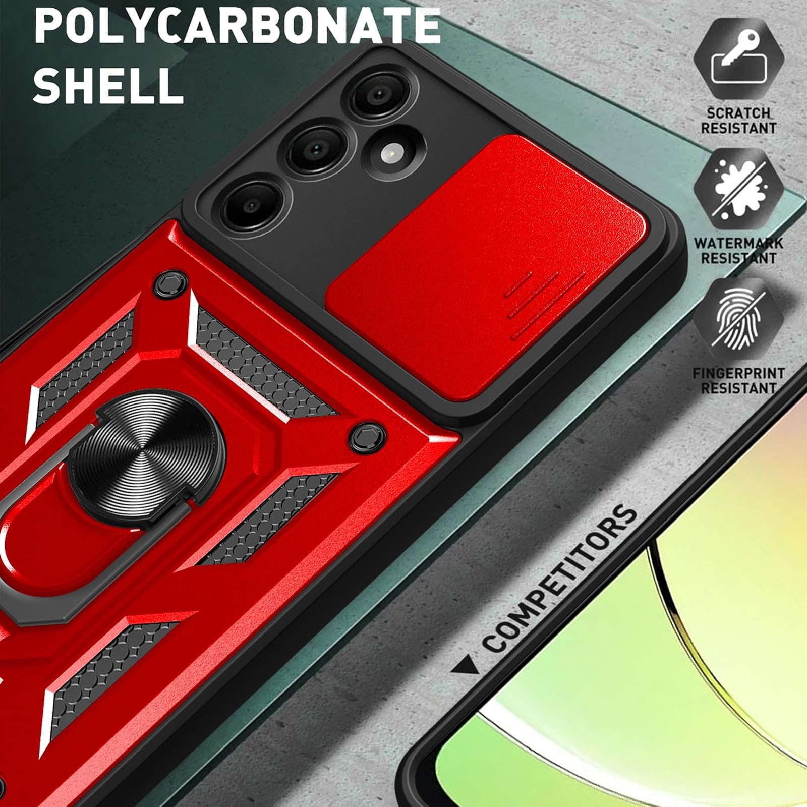 Husa pentru Samsung Galaxy A16, ZGGZERG, Protectie Camere, Suport Inel, Suportul Inel Rotativ 360°, Anti-amprente, Prindere Magnetica, Margini cauciucate, Antisoc, Inovatie si Protectie, Slide Mechanism, Plastic, Rosu
