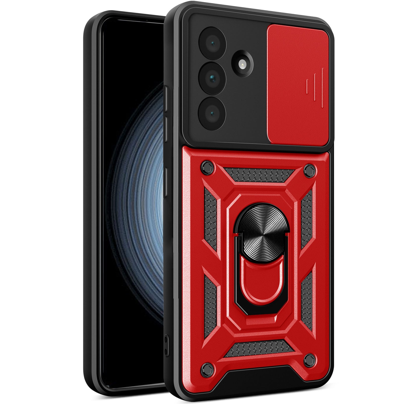 Husa pentru Samsung Galaxy A16, ZGGZERG, Protectie Camere, Suport Inel, Suportul Inel Rotativ 360°, Anti-amprente, Prindere Magnetica, Margini cauciucate, Antisoc, Inovatie si Protectie, Slide Mechanism, Plastic, Rosu