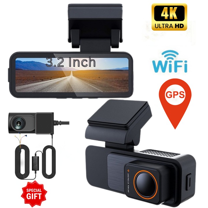 Camera Auto DVR Duala 4K Ultra HD LEDASSE® | WiFi, GPS, Vedere Nocturna, G-Senzor, Monitorizare Parcare, Inregistrare in bucla – Ecran 3.2", Sistem Compact Fata-Spate