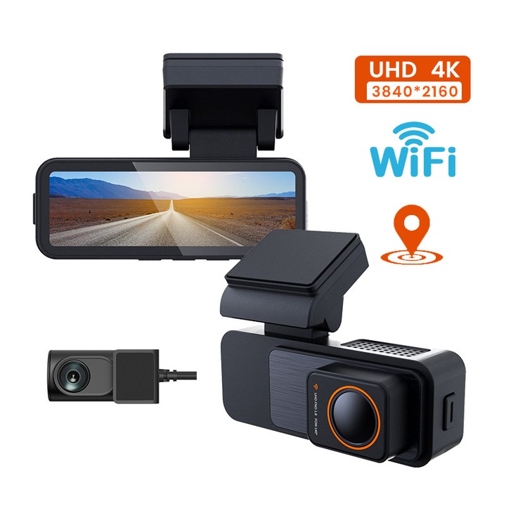 Двойна автомобилна DVR камера, LEDASSE 4K Ultra HD WiFi, GPS, нощно виждане, G-сензор, наблюдение на паркирането – 3.2" сензорен екран, компактна система за предно и задно виждане