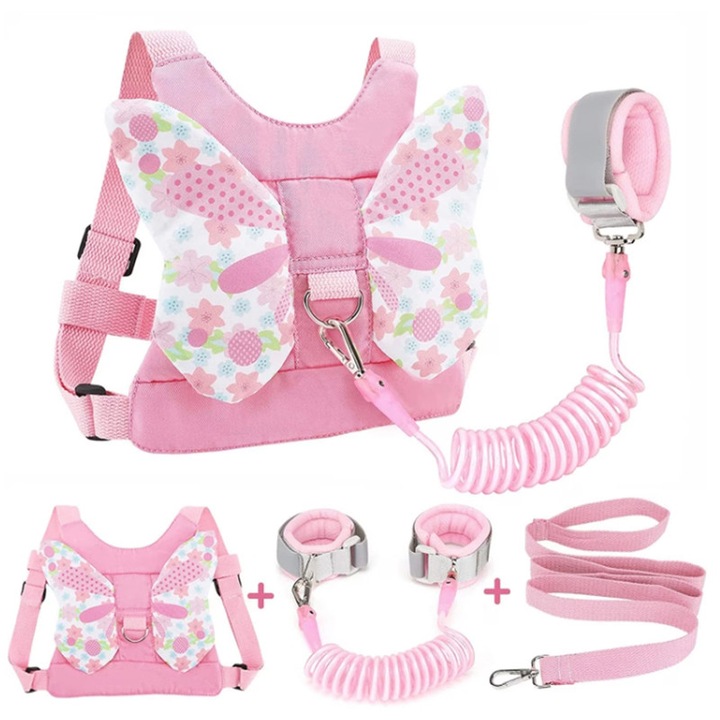 Lesa pentru copii mici si lant anti-pierdere pentru incheietura mainii, centura de siguranta 3 in 1 pentru copii (cu lesa), roz, Q-1