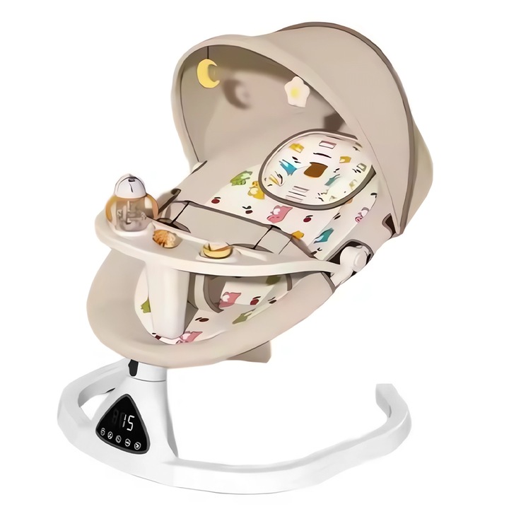 Електрическа люлка Teno®, Bluetooth свързаност, сензорно управление, подвижна табла, сгъваем покрив, мрежа против комари, играчки, музика, бежова