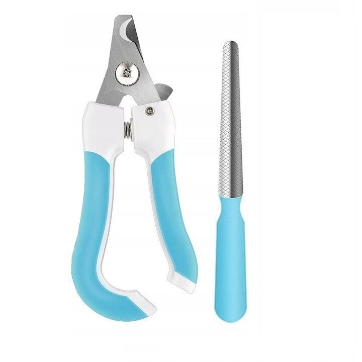Set cleste si pila de unghii pentru animale, VisZone, Unghiera caini si pisici, 16 x 7 cm, Otel Inoxidabil/Plastic, Albastru
