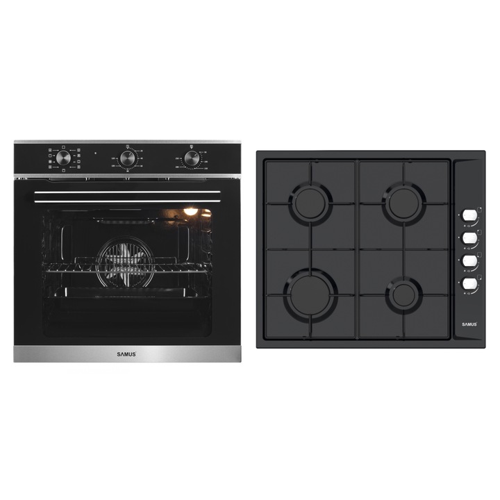 Pachet incorporabil Samus Cuptor incorporabil Samus SC628GX9, 75 l, 9 functii, Grill, 2800 W + Plita incorporabila PSG-64SB, 4 arzatoare pe gaz, Gratare metalice, Negru