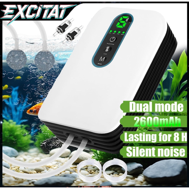 Pompa de aer pentru acvariu, EXCITAT®, Pompa de oxigen reincarcabila cu doua moduri, Debit: 1,5 l/min, Volum mare de aer, Explozie silentioasa de oxigen, Alimentare stabila, Bule dense, Potrivita pentru exterior, Pescuit si intreruperi de curent