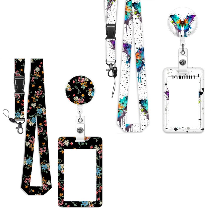 Set de 2 suporturi pentru carti de identitate, Fantasy, Cu suport pentru clip, Forme de fluture si respectiv florale, Poate fi purtat cu dvs, Pentru lucratori de birou, profesori, studenti, ABS, 6.9 x 11cm