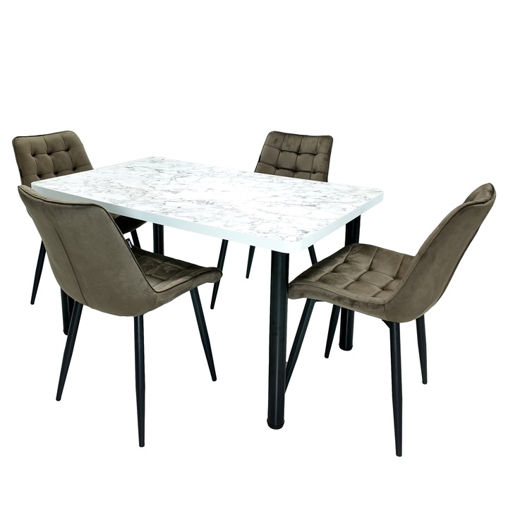Set masa Empoli Marmura Carrara cu 4 scaune Osaka maro, DENVER, picioare metalice vopsite negru, 130x80x73 cm