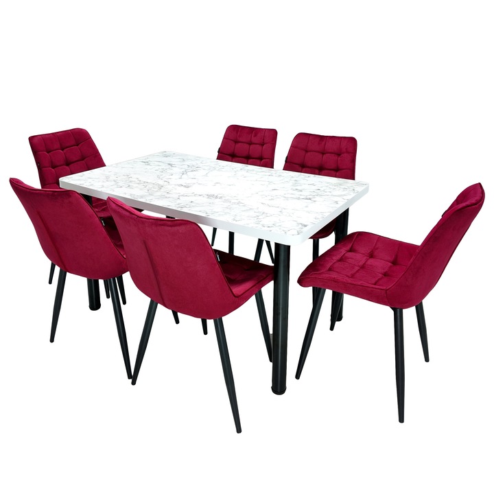 Set masa Empoli Marmura Carrara cu 6 scaune Osaka visiniu, DENVER, picioare metalice vopsite negru, 130x80x73 cm