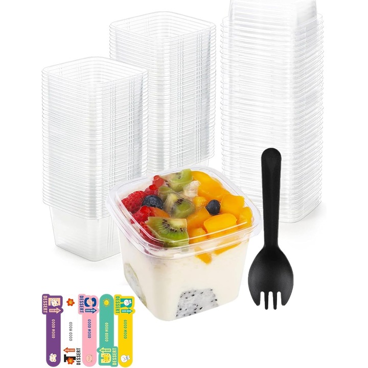 Set 50 recipiente desert/50 capace/50 lingurite, YY YITIKA, Plastic, Reutilizabile, Transparent/Negru