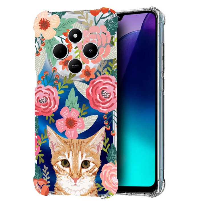 BestCase Anti Shock 1.5MM telefontok, kompatibilis modell Poco C75 / Xiaomi Redmi A4 / Redmi 14C, Cat and Flowers, Air Cushion Technology, 1992027 AS 638