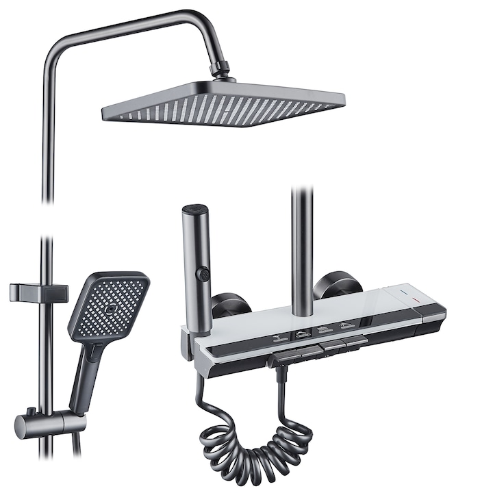 Coloana de dus RAIZ Origins PURE, 4 functii, Montare rapida, Jet reglabil, Presiune ridicata, Para de dus, Dus fix cu functie ploaie, Functie bideu, Negru mat