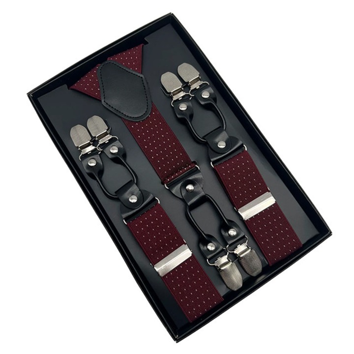 Мъжки тиранти, MENZ®, модел Gentleman Noir, кожа/полиестер/метал, 6 x щипки, унисекс, тъмно бордо/бяло