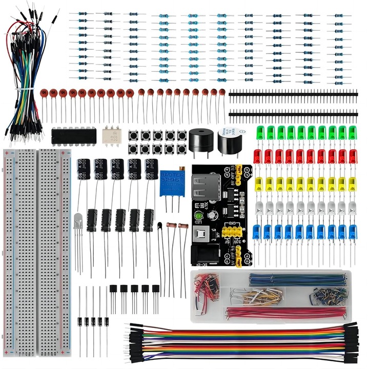 Комплект електронни Компоненти AYSTOAYS, Макетна платка 830 точки, LED диоди, Съвместим с Arduino и Raspberry Pi, За UNO R3, Захранващ модул, Прозрачна кутия