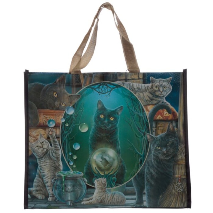 Geanta / Sacosa de cumparaturi, Lisa Parker, model pisica Magic Cat Montage, Shopping Bag, Reutilizabila, 33 x 40 x18 cm