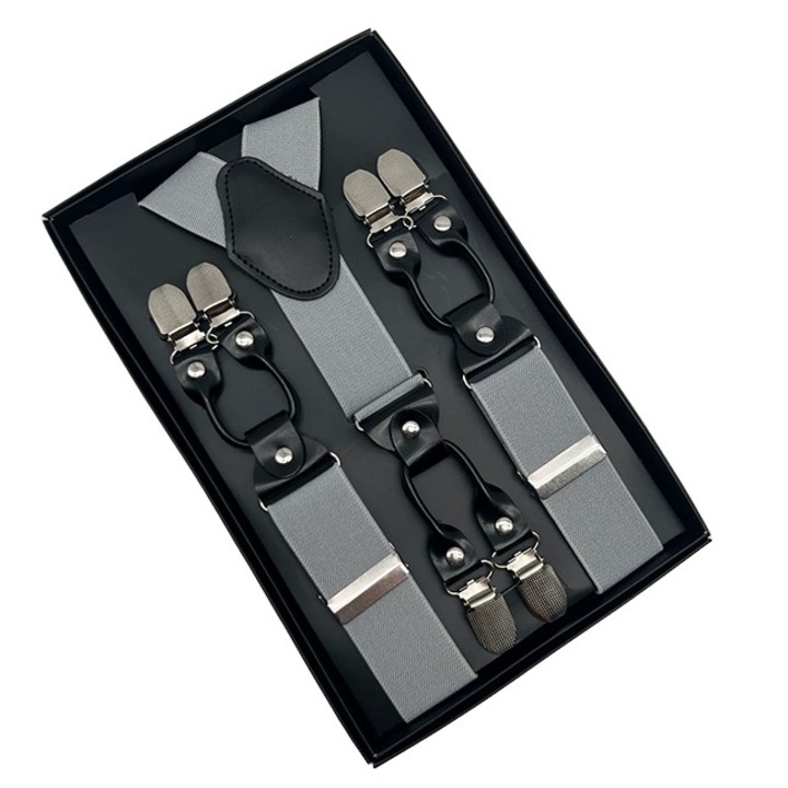 Мъжки тиранти, MENZ®, модел Gentleman Noir, кожа/полиестер/метал, 6 x щипки, унисекс, сиви