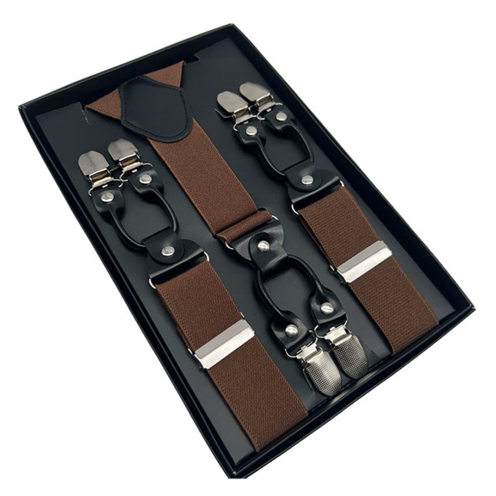 Мъжки тиранти, MENZ®, модел Gentleman Noir, кожа/полиестер/метал, 6 x щипки, унисекс, кафяви