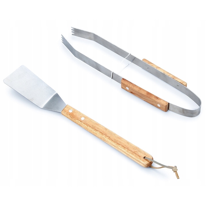 Set ustensile gratar, lopata si cleste, inox si lemn, 5.8x34cm, 34cm