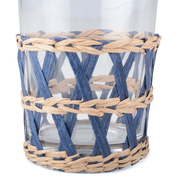 Pahar transparent 250ml, dimensiuni 10x8cm, cu suport din paie