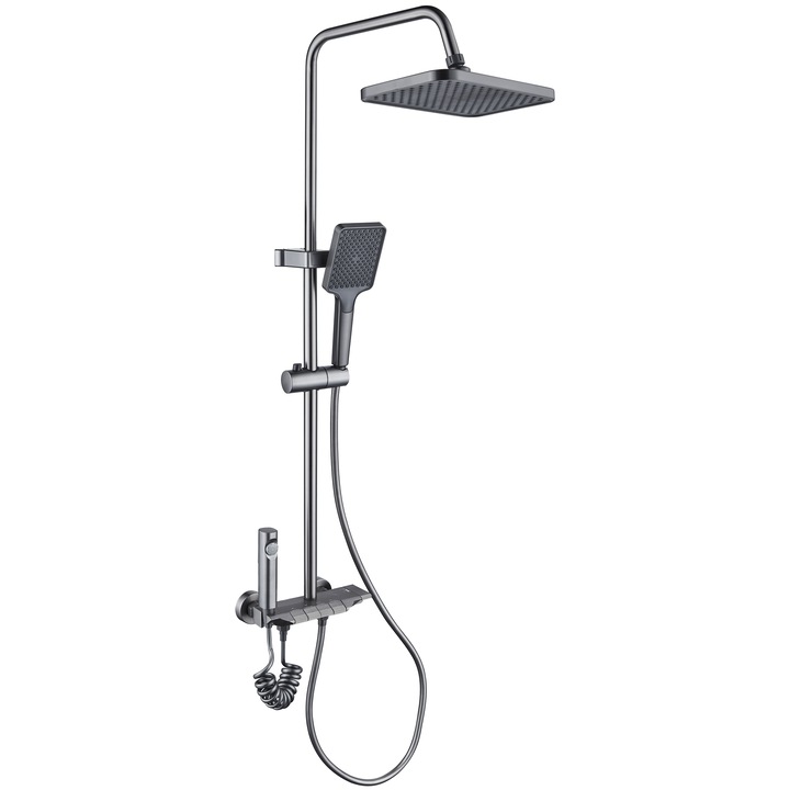 Душ колона La Brocca BAS004, 4 функции, Бърз монтаж, Регулируема струя, Високо налягане, Душ глава, Фиксиран душ с функция дъжд, Функция биде, Матово черно