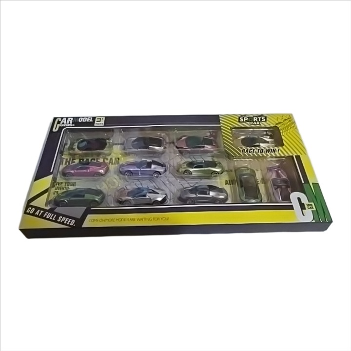 Set 12 Masinute de Jucarie Tip Curse, Diverse Culori, Model Die-Cast, Pentru Copii 3+