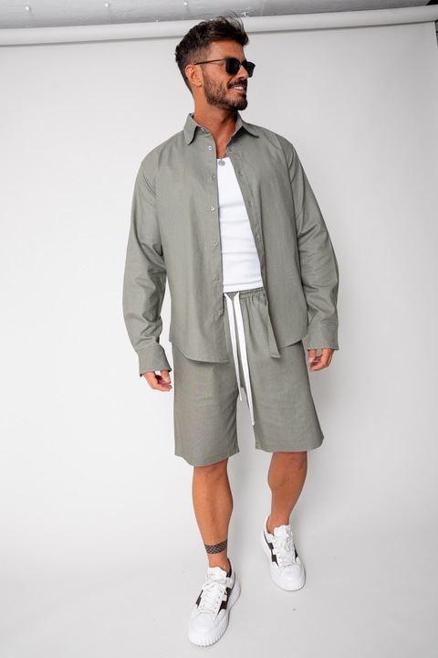 Комплект от линолеумна риза и къси панталони, тъмно маслинено зелено, нов, 16956, Тъмнозелена маслина