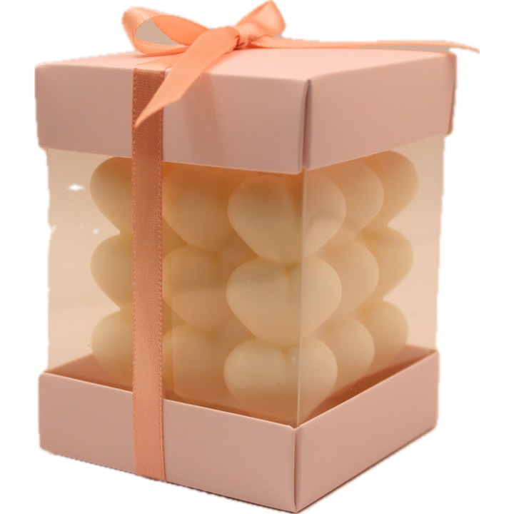 Marturie Bubble Heart 135 gr. din ceara de soia cu aroma Aura Millionaire, perfecta pentru nunta/botez, ambalata in cutie individuala, cu prindere a produsului pentru garantarea securitatii la transport
