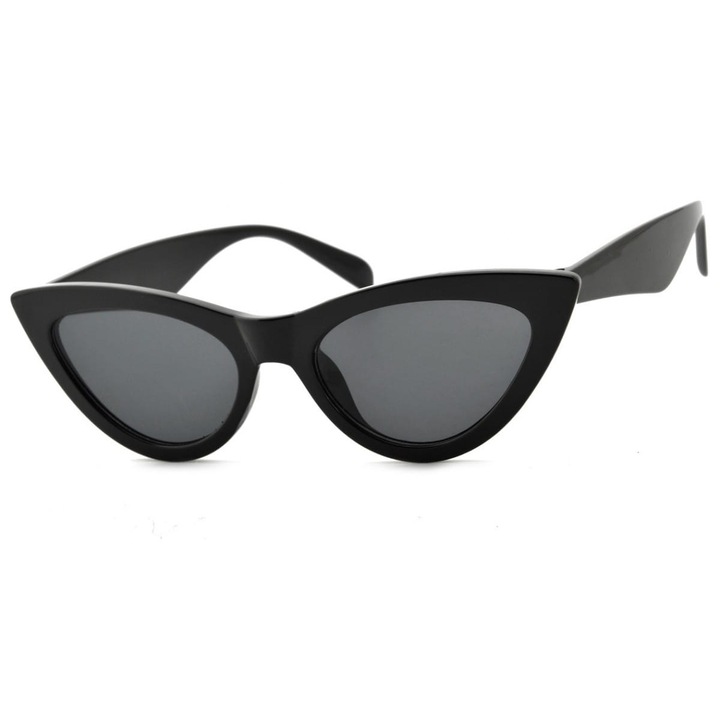Ochelari de soare dama Stilion, tip ochi de pisica, cu lentile negre si rama neagra lucioasa, protectie UV 400, filtru categoria 3, din plastic rezistent, set complet cu toc si laveta pentru intretinere