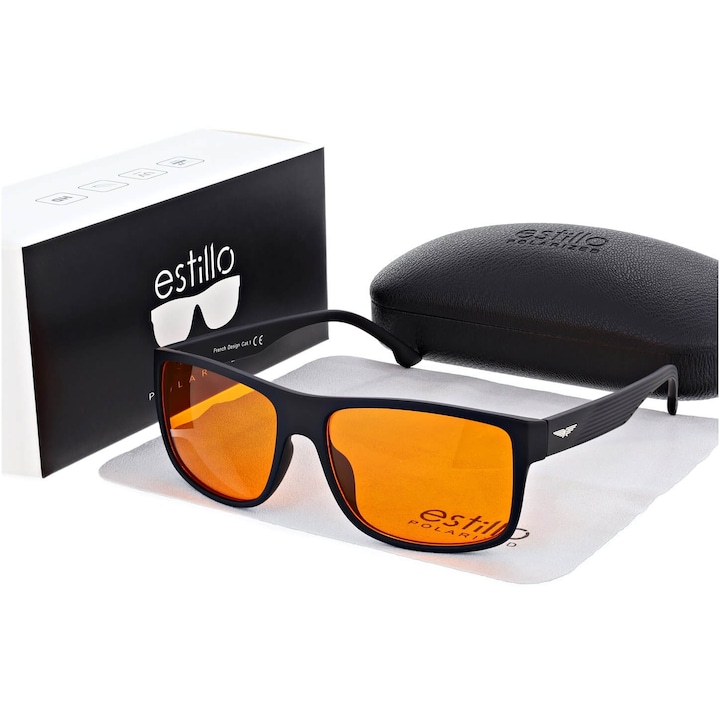 Ochelari de vedere Estillo, blocare 100% a luminii albastre, rame negre mate, lentile portocalii
